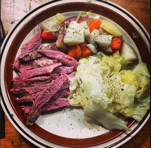corned beef, boiled cabbage, potatoes, and carrots photo
