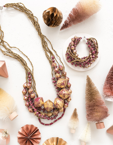 Brooklyn Nights Bracelet + Spiced Strands Necklace Gift Set, $99 - Made from recycled paper beads flecked with gold leafing by artisans in Uganda.