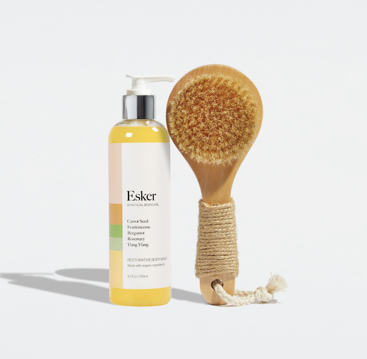 clean beauty body wash and dry brush.